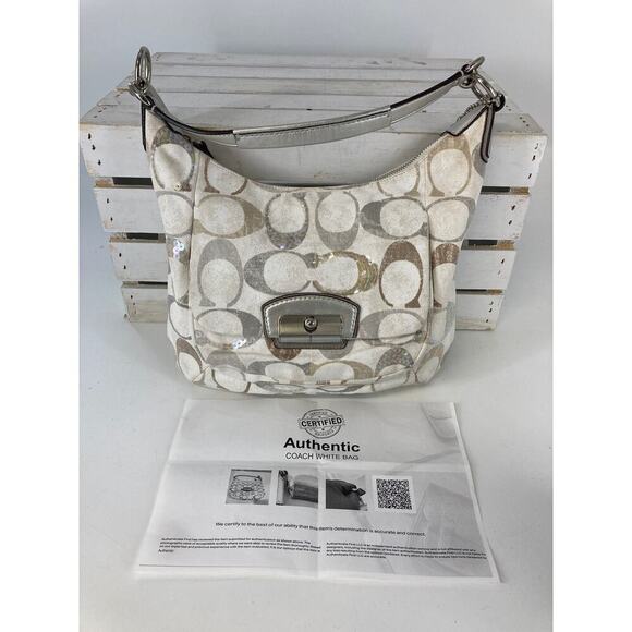 COACH 19340, LARGE WHITE MULTI SIGNATURE CANVAS SHOULDER BAG - Picture 1 of 11